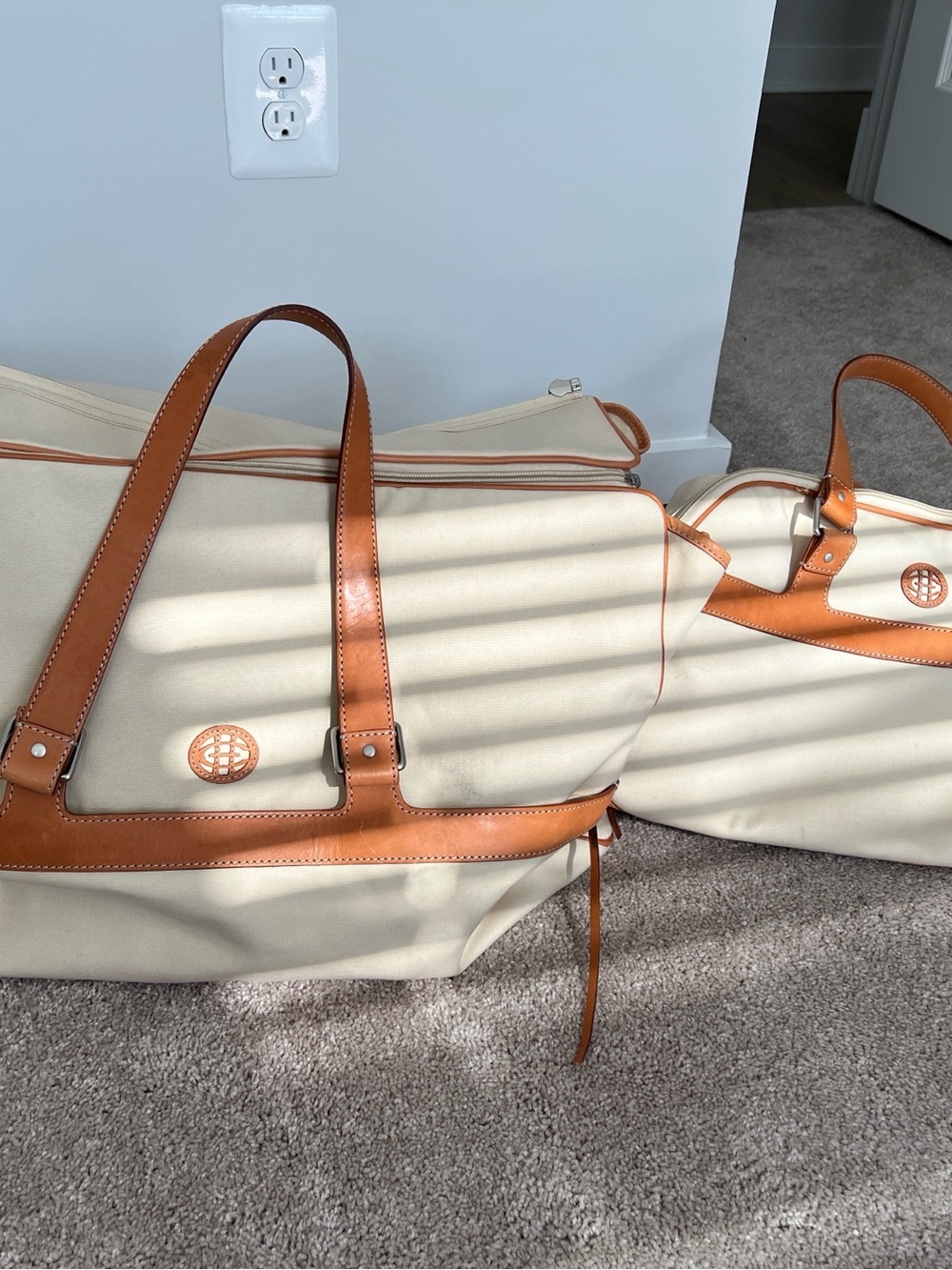 Cole Haan Cream Canvas Travel Weekender with Tan Leather Trim